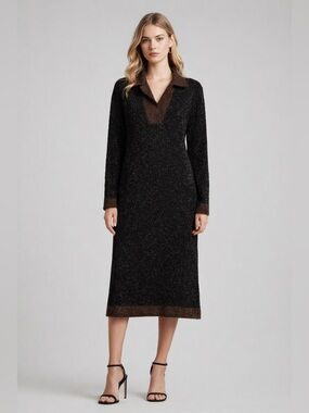 Vintage Fendi Roma Black Metallic Knit Dress Size 42 Italy Sparkle Lurex Midi